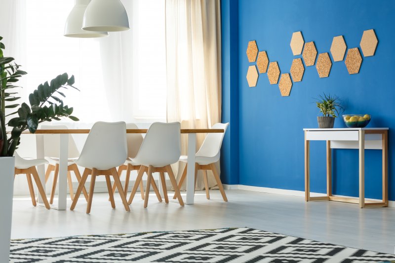 room with blue accent wall